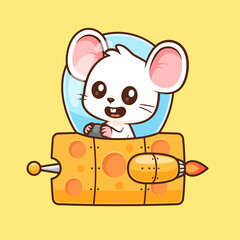 Cute Mouse Riding Cheese UFO Cartoon Vector Icon Illustration