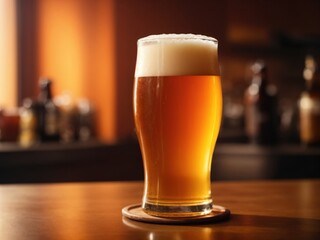 Freshly brewed beer in a pint on orange gradient