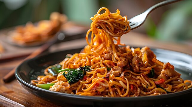 Fried noodles or Mee Goreng Mamak on a wooden background. Close-up of fork twirling mee goreng mamak noodles.