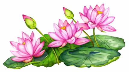 Naklejka premium Delicate bouquet of lotuses in vibrant watercolor, showcasing natures beauty in a stunning floral arrangement.