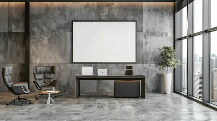 Large blank frame in a minimalist office with sleek furniture