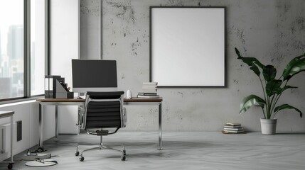 Large blank frame in a minimalist office with sleek furniture