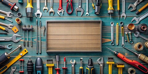 Engineered background with technical components and tools, engineering, design, science, technology, industrial