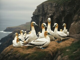 Gannets birds on a cliff in Scotland nesting