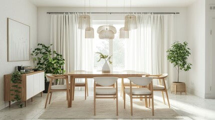 Contemporary white dining space with wooden decor