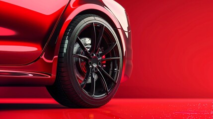 Modern car wheel advertisement poster on red background.