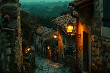 Fototapeta premium Illuminated Cobblestone Village Street at Dusk, A Deep, Worn Path Leading Through a Quaint Town with Street Lamps Casting a Warm Glow, Picturesque European Village Scene at Night