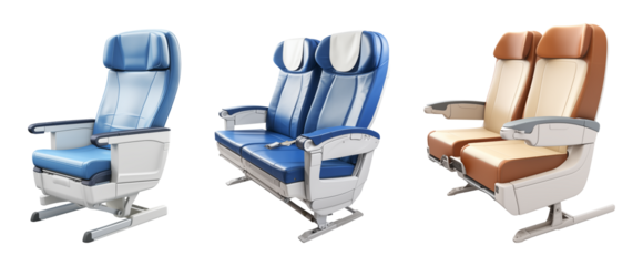 Airplane seats with blue and brown leather upholstery