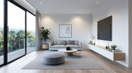 Fototapeta premium Modern living room interior with blue shade, simple furniture