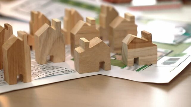 Architect and engineer discuss about building blueprint on table with architectural document, measurement tools scatter around at office, use wooden block for house positioning. Closeup. Delineation.