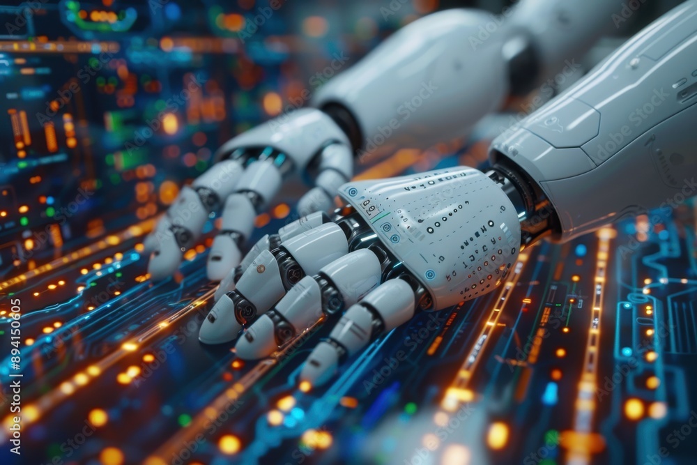 Poster a close-up of a robotic hand gently holding a human hand. the robot's hand has a white, sleek design