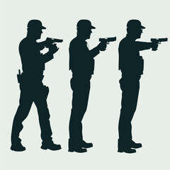Naklejka premium Silhouettes of three law enforcement officers aiming guns