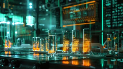 Medical research lab with glowing test tubes and digital charts