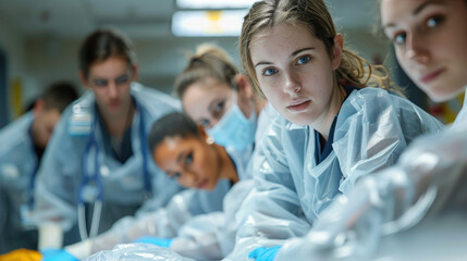 Medical students in surgical training, focused teamwork in the operating room, learning and practicing procedures for future careers.