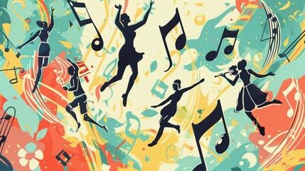 Obraz premium Vibrant 'Summer Festival' banner with colorful notes and dancers, embodying summer joy and celebration!