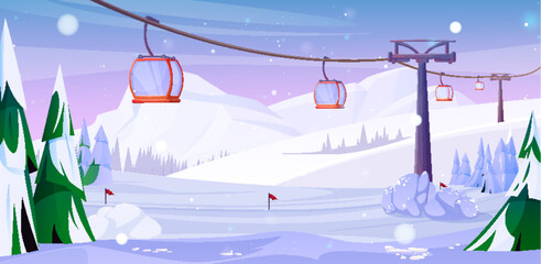 Winter ski mountain resort with white snow hills, green spruce trees and red cabins on lift cable. Cartoon vector illustration of snowy scenery with cableway. Modern gondola on cablecar funicular. © klyaksun