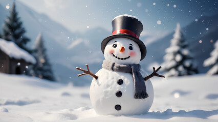 Obraz premium Happy snowman standing in Christmas winter background