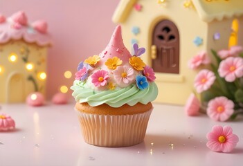 cupcake with frosting designed to look like a miniature fairy garden

