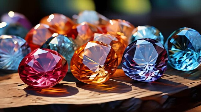 Colorful gemstones on wooden surface