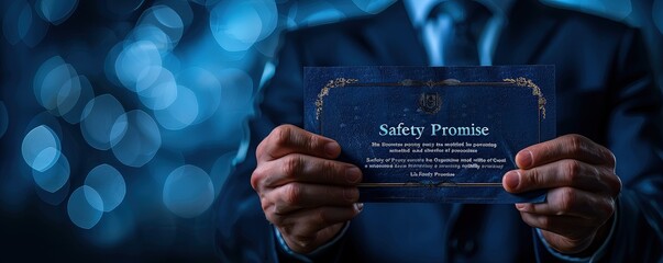 Businessman presenting a "Safety Promise" certificate, safety, professional guarantee.