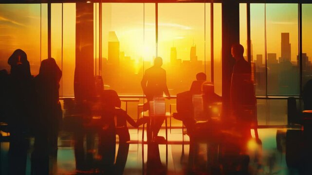 Silhouettes against sunset in city office building