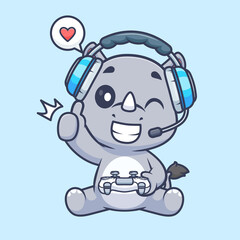 Cute Rhino Gaming Cartoon Vector Icon Illustration