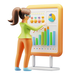 3D Woman showing 3D Data Analytics, on isolated transparent background