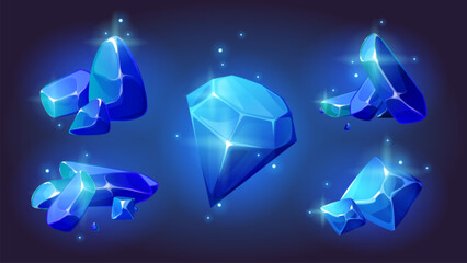 Magic blue gemstones set isolated on background. Vector cartoon illustration of abstract shape stones, pile of neon glowing mineral rocks, big diamond crystal, shimmering particles in air, treasure © klyaksun