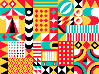 Fototapeta premium Abstract modern circus geometric pattern. Vector background of minimal shapes mosaics with retro circus top tent, flags bunting, juggling balls and rings, vintage carnival wagon and stripes pattern