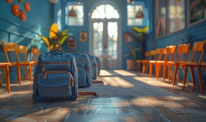 Charming 3D Blender model showing academia setup with backpacks and projectors, concept minimalist style. Perspective angle. Background clear, fresh, minimal. Space for text.