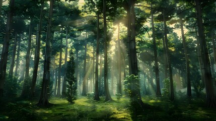 Obraz premium A forest with trees in the background and a misty sky. 