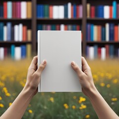 Book Mockup in Front of Bookshelf.