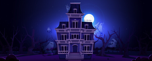 Halloween house and full moon at spooky night. Haunted castle or mansion on creepy dark blue design for invitation banner. Horizontal illustration of nightmare and ghost monster and white moonlight