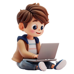 3D Boy with Laptop Computer-2, on isolated transparent background