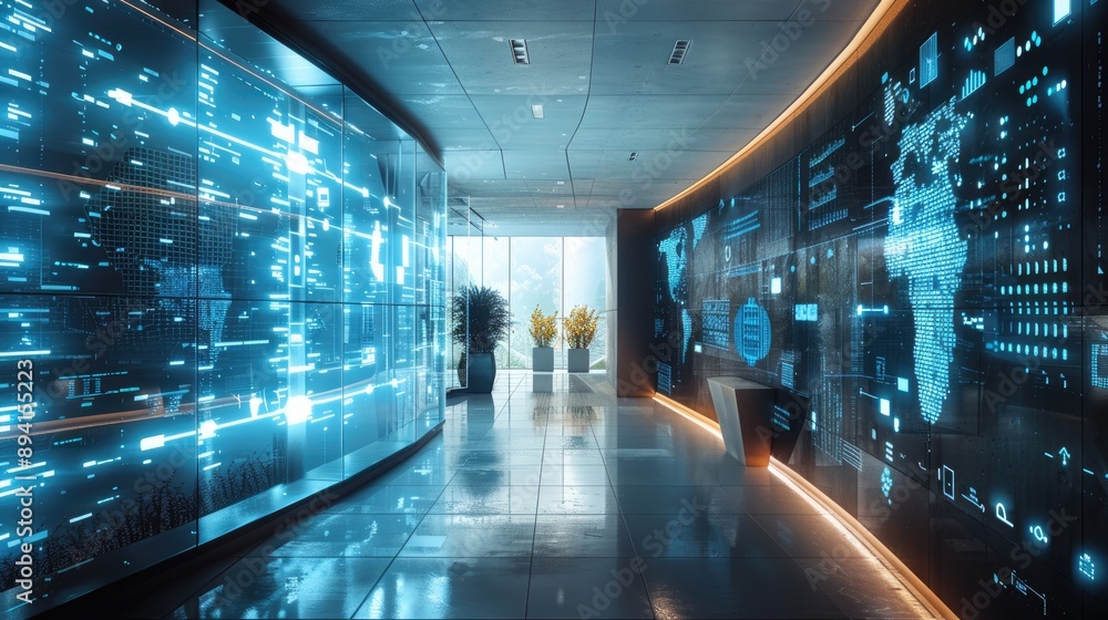 Poster modern futuristic hallway with digital screens displaying data and glowing maps, illustrating advanc
