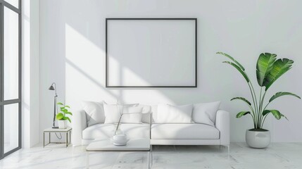 Minimalist living room with a blank wall frame and a single plant