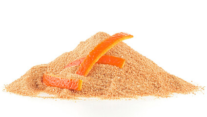 Pile of dried orange peel powder and strips of fresh orange peel isolated on a white background
