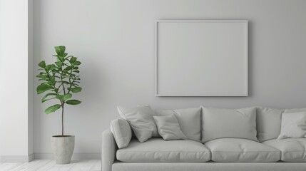 Minimalist living room with a blank wall frame and a single plant