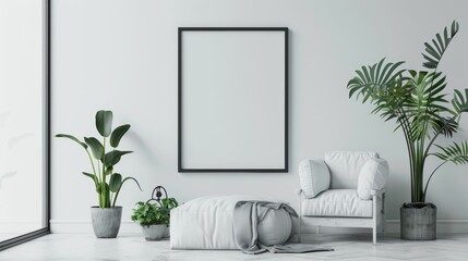 Minimalist living room with a blank wall frame and a single plant