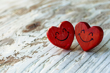 Fototapeta premium Two red wooden hearts with drawn smiles, standing together on a rustic white wooden background, symbolizing love and togetherness. Valentine’s Day greeting concept