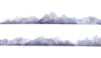 Monochrome mountains landscape silhouettes watercolor illustration set isolated on white background. Dark skyline of mountain chains on horizon