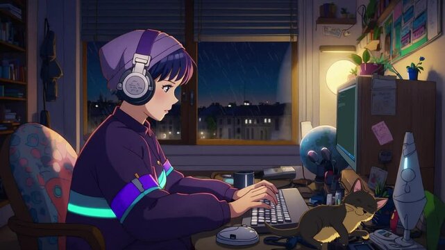 lofi girl studying in a room at night with lofi animation	