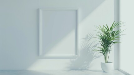 Minimalist living room with a blank wall frame and a single plant
