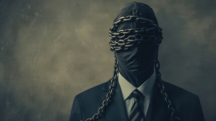 A man is wearing a suit and tie and is chained to a wall
