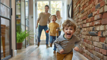Excited children running through a modern hallway with their parents in the background, joyful and energetic family moment