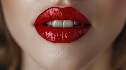 Obraz premium Close-up of beautiful red lips with glossy red lipstick