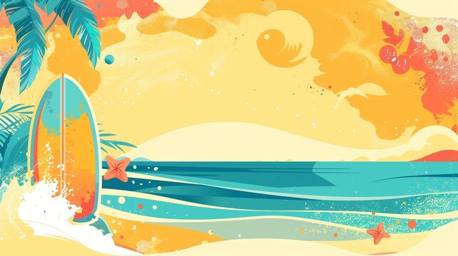 Vibrant summer banner features a lively beach scene with surfboards, sunbathers, and waves.