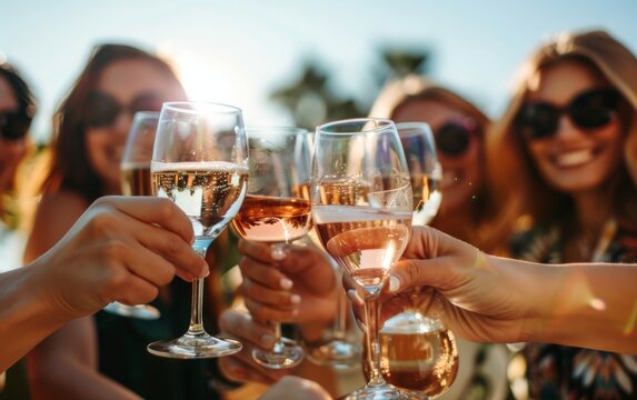 A vibrant image of friends making a toast with glasses of wine outdoors, capturing the essence of friendship, celebration, and togetherness in a joyful, sunlit setting.