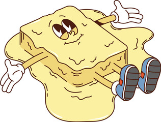 Melting butter retro groovy breakfast character. Isolated cartoon vector delightful pat of butter personage lying in liquid melt buttery puddle with a joyful face expression, with outstretched hands © Buch&Bee