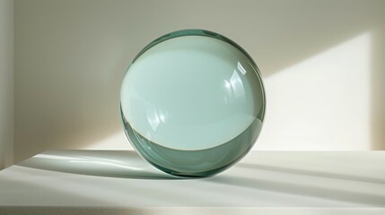 delicate, transparent glass circle with subtle turquoise reflections, elegantly positioned in the center of a white canvas